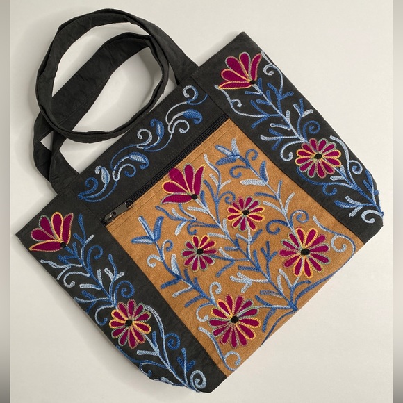 Black with Flower Embroidery Bag Tote Purse Suede Leather Purse - Picture 3 of 9